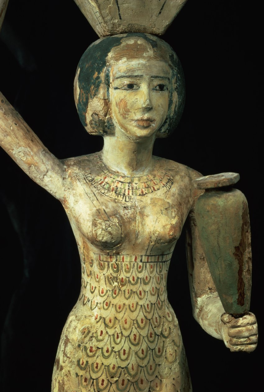 Kvinnlig offerbärare bärande en vattenvas i handen och ett kärl på huvudet, Egyptiska, Mellersta kungariket, ca 1950 f.Kr. (stuckat och målat fikonträ) (detalj av 93791) av Egyptian 12th Dynasty