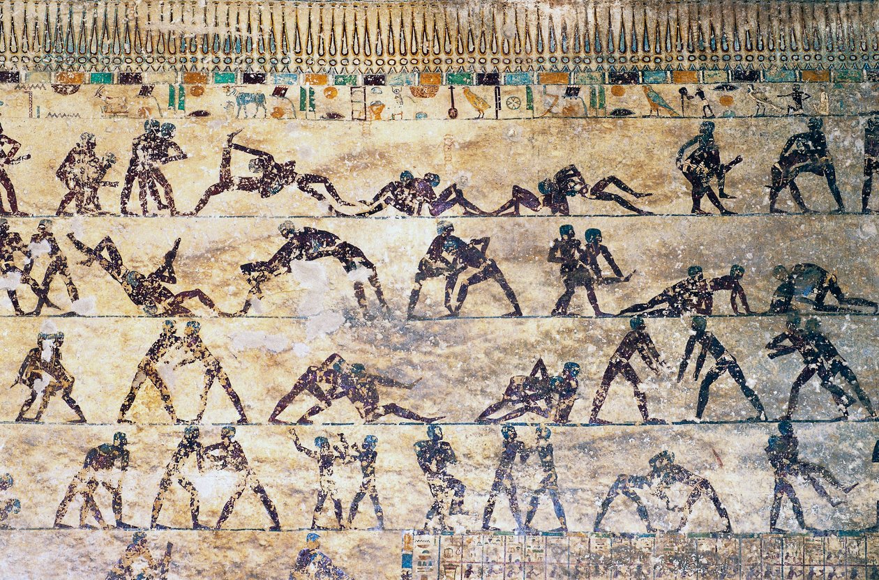 Kampscener, väggmålning, Kethi-grav, Beni Hasan Necropolis, Egypten, Egyptisk civilisation, Mellanriket, Dynasti XII av Egyptian 12th Dynasty