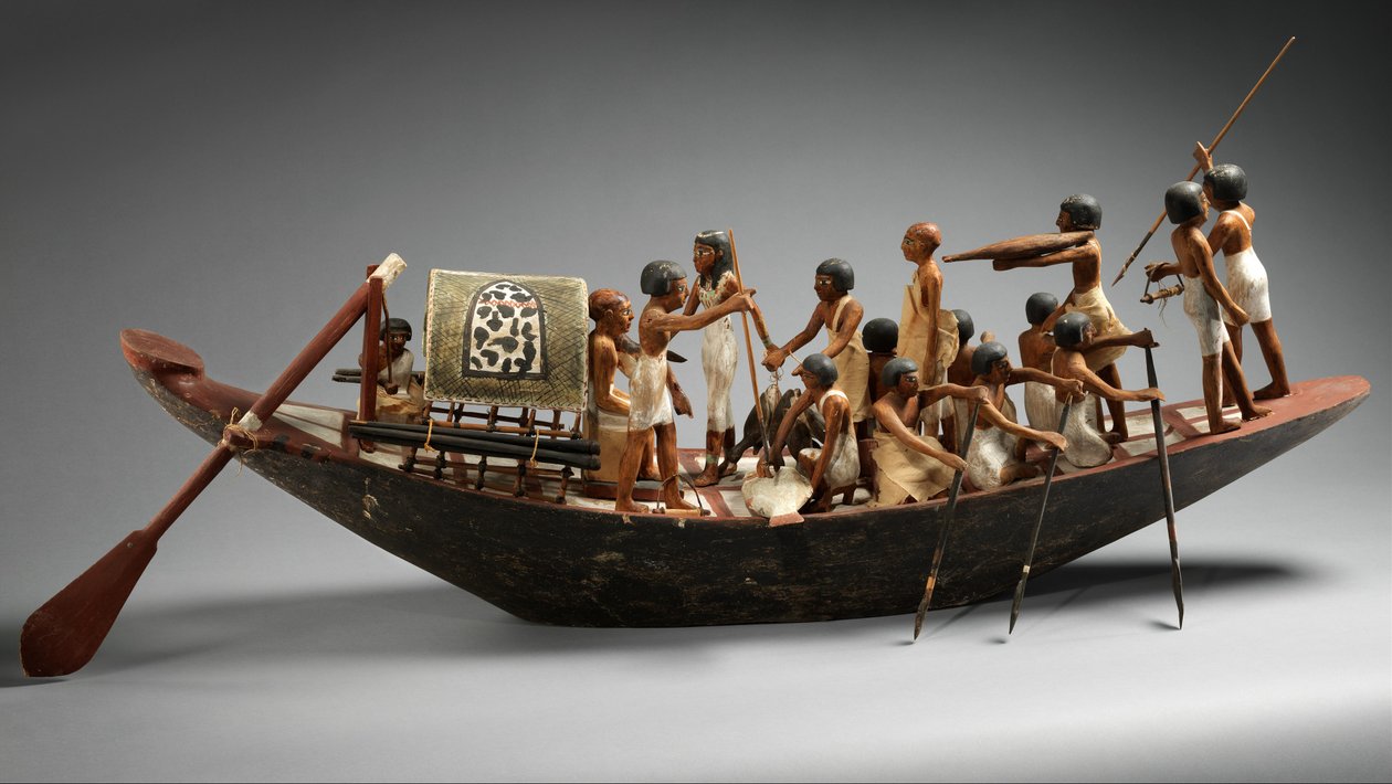 Modell Sporting Boat from the Tomb of Meketre, c.1981–1975 B.C. (putsat och målat trä, linne, linnegarn, koppar) av Egyptian 12th Dynasty