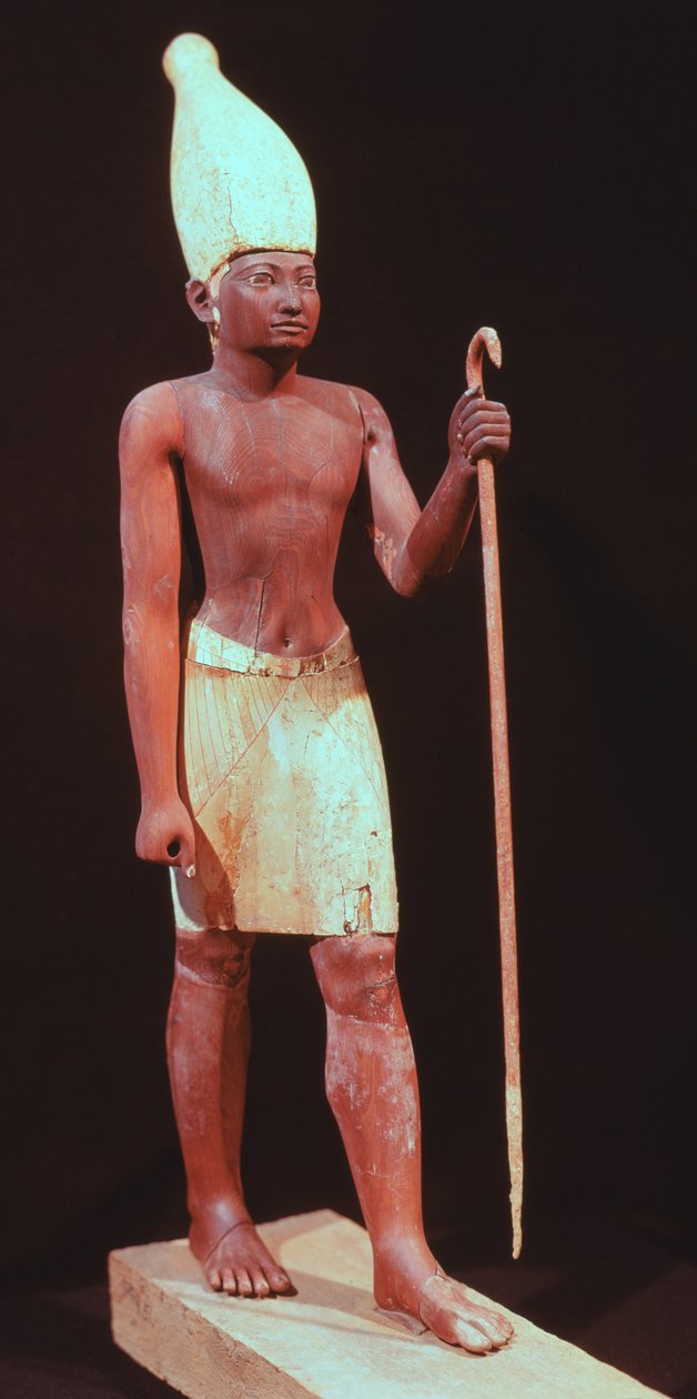 Staty av Sesostris I (styrd 1971-28 f.Kr.) med en vit krona (målat cederträ) av Egyptian 12th Dynasty