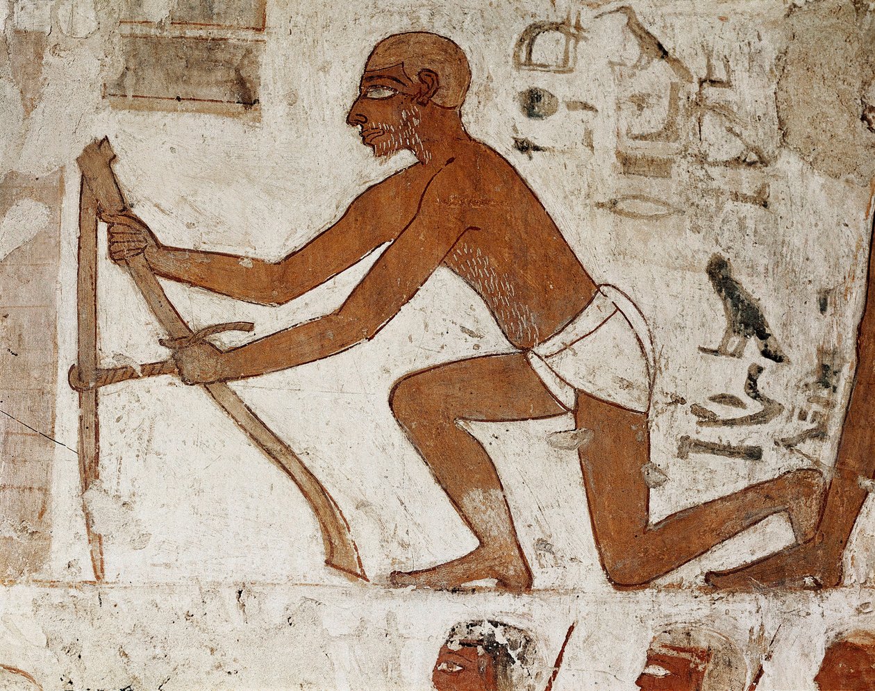 En hantverkare som mäter för byggandet av en vägg, detalj av fresken som dekorerar Rekhmires grav, guvernör i Thebe och vesir under faraonerna Thutmes III och Amenophis II (18:e dynastin 1500 till 1292 f.Kr.), Tomb (TT100), Vall av Egyptian 18th Dynasty