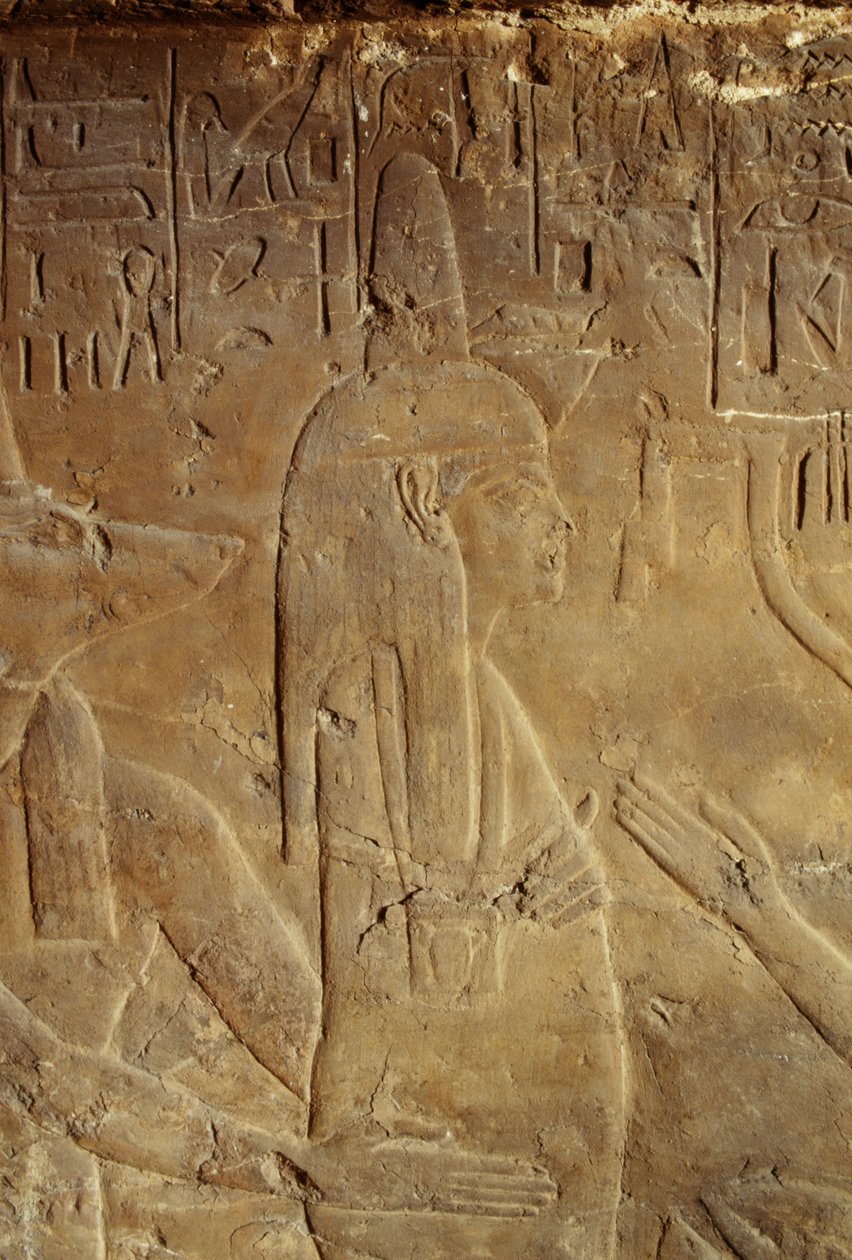 Anubis håller mumien, relief från Maia, Tutankhamuns amma, Saqqara, Egypten, Egyptisk civilisation, Nya riket, XVIII:e dynastin, Detalj av Egyptian 18th Dynasty