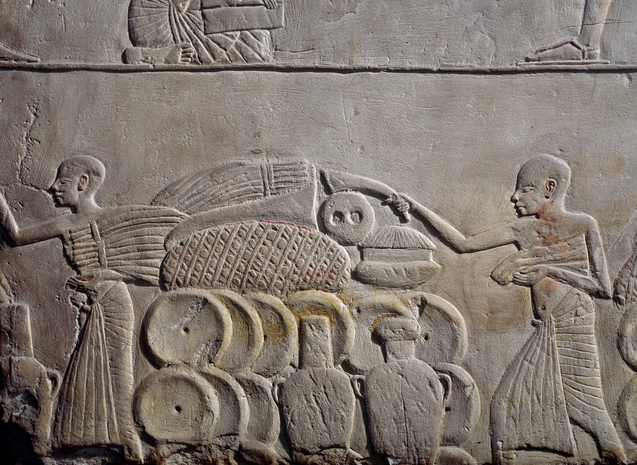 Arrangemang av livsmedel i lagerlokaler, väggrelief i kalksten, från Horemhebs memfitiska grav i Saqqara, Egyptens civilisation, Nya riket, XVIII:e dynastin av Egyptian 18th Dynasty