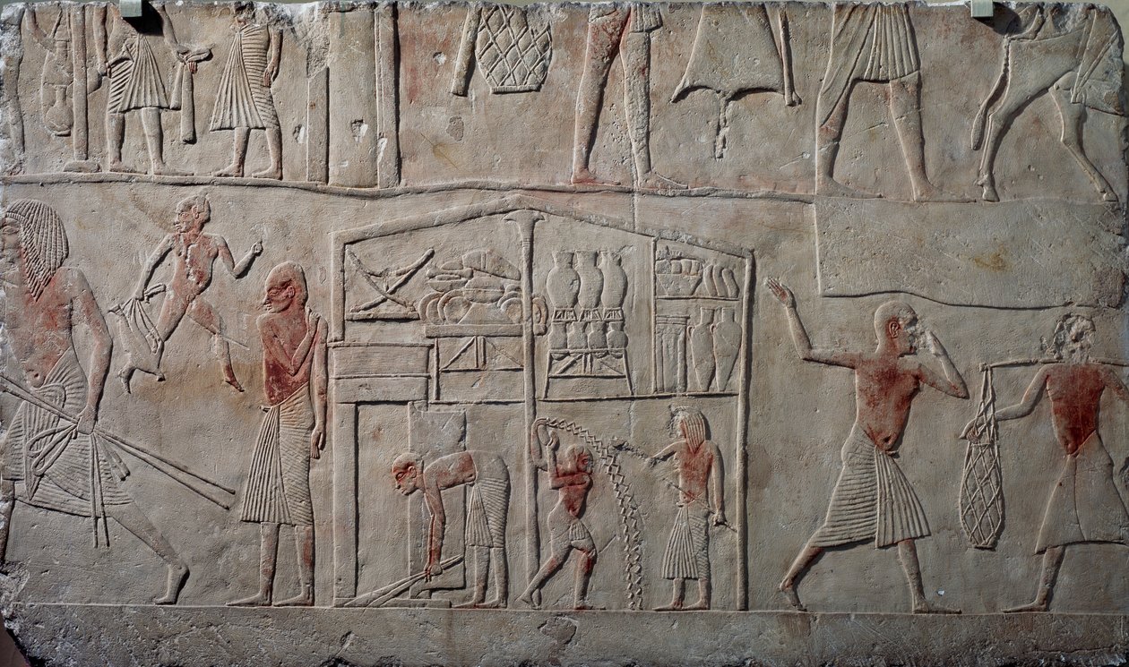 Arrangemang av livsmedel i lagerlokaler, väggrelief i kalksten, från Horemhebs memfitiska grav i Saqqara, Egyptisk civilisation, Nya riket, XVIII:e dynastin av Egyptian 18th Dynasty