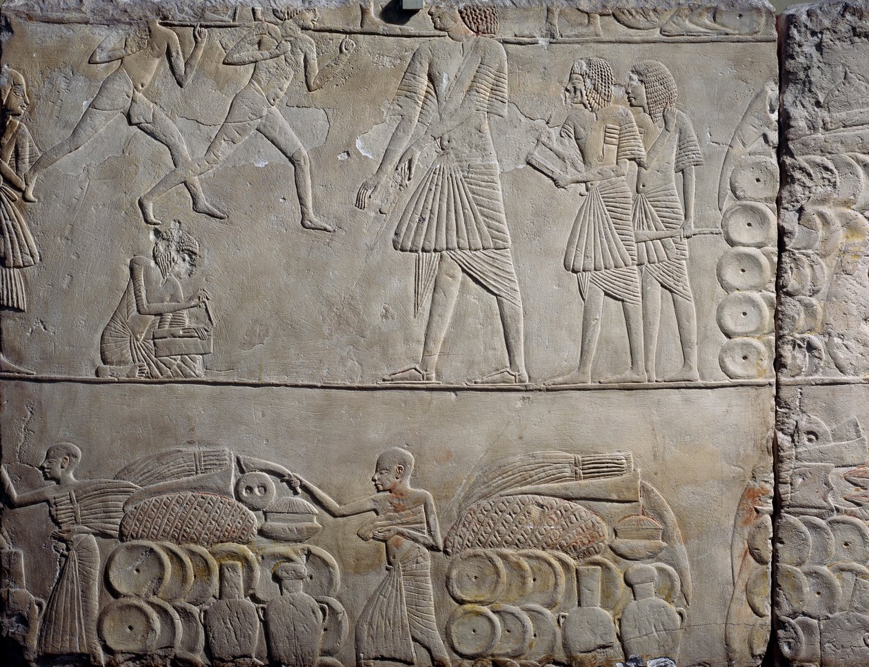 Arrangemang av livsmedel i lagerlokaler, väggrelief i kalksten, från Horemhebs memfitiska grav i Saqqara, Egyptisk civilisation, Nya riket, XVIII:e dynastin av Egyptian 18th Dynasty