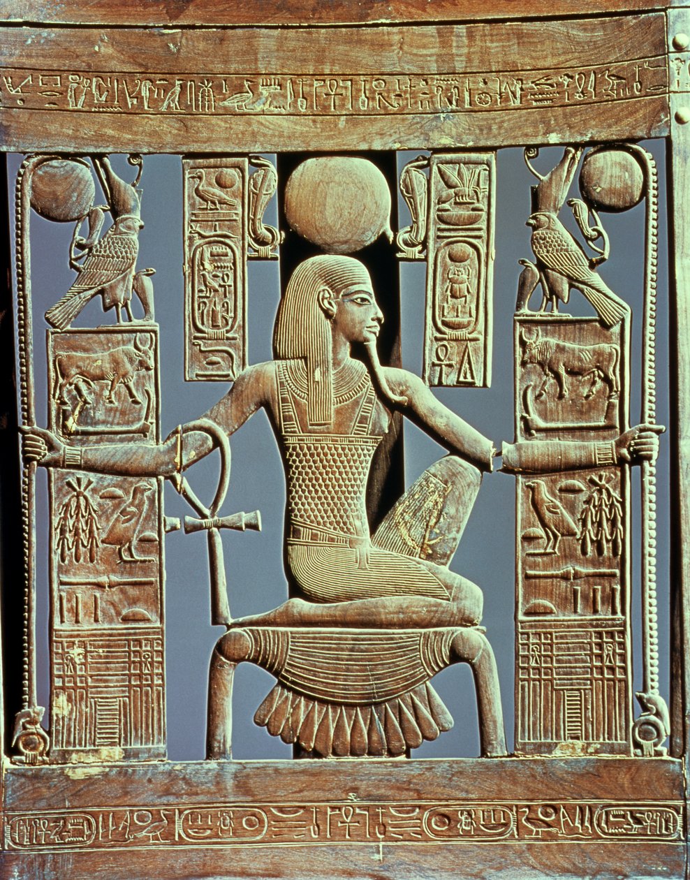 Stolsrygg från Tutankhamons grav (ca 1370-52 f.Kr.) som skildrar miljontals årens anda, New Kingdom (cederträ) (se även 227983) av Egyptian 18th Dynasty