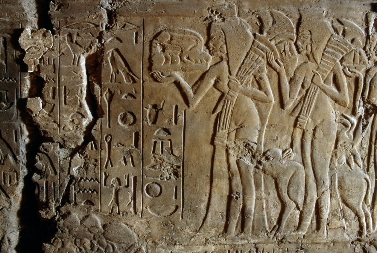 Basrelief från Maia, Tutankhamuns ammas grav, Saqqara, Egypten, Egyptiska civilisationen, Nya riket, XVIII:e dynastin, Detalj av Egyptian 18th Dynasty