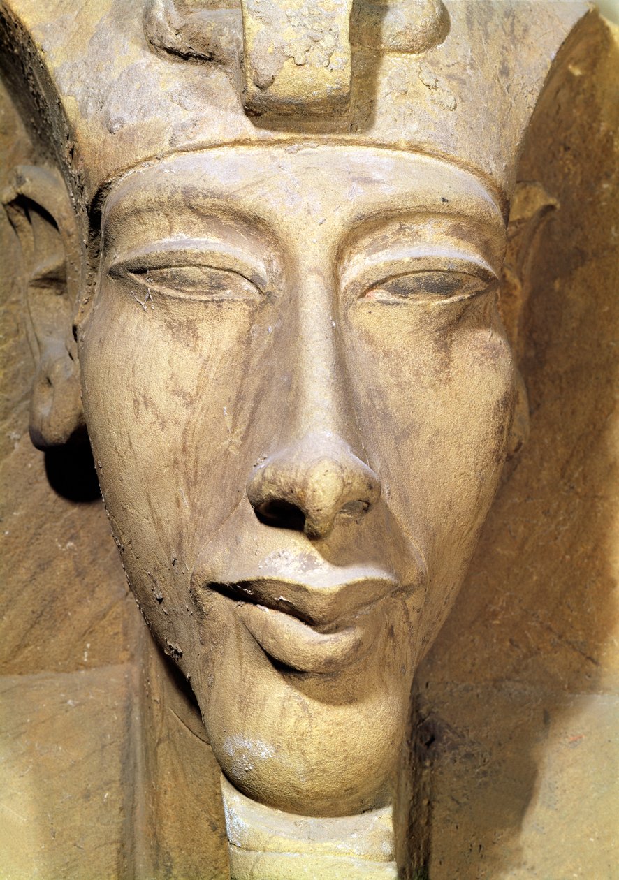 Byst av Amenophis IV (Akhenaten) (c.1364-1347 f.Kr.) från Temple of Amun, Karnak, c.1353-1337 f.Kr. (sandsten) (detalj) av Egyptian 18th Dynasty