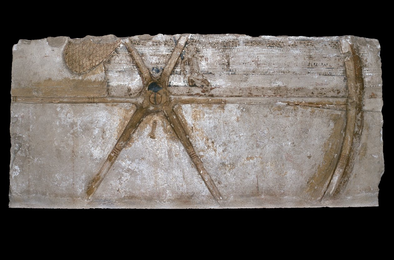 Ristat och målat kalkstensblock med avbildning av ett vagnhjul, 1353-35 f.Kr. (kalksten) av Egyptian 18th Dynasty
