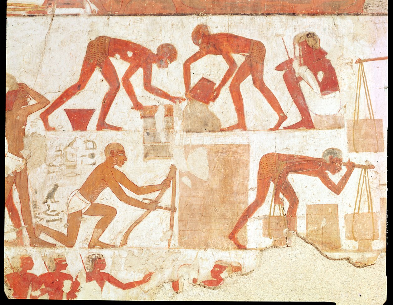 Konstruktion av en vägg, från graven av Rekhmire, vizier av Tuthmosis III och Amenhotep II, New Kingdom (väggmålning) (se 202228 för detaljer) av Egyptian 18th Dynasty