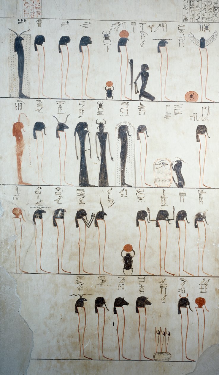 Avbildning av Litany of Ra, detalj av fresker i gravkammaren av Tomb of Tuthmosis III, Valley of Kings, Luxor, Thebe (Unescos världsarvslista av Egyptian 18th Dynasty