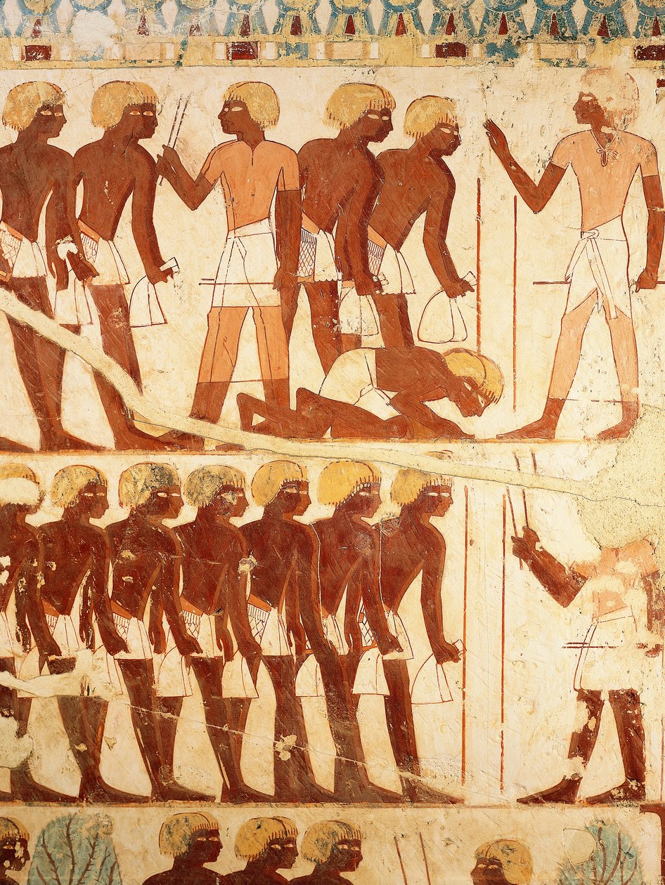 Detalj av fresker som visar armén som tar emot ransoner, från Userhats grav (TT56) av Egyptian 18th Dynasty