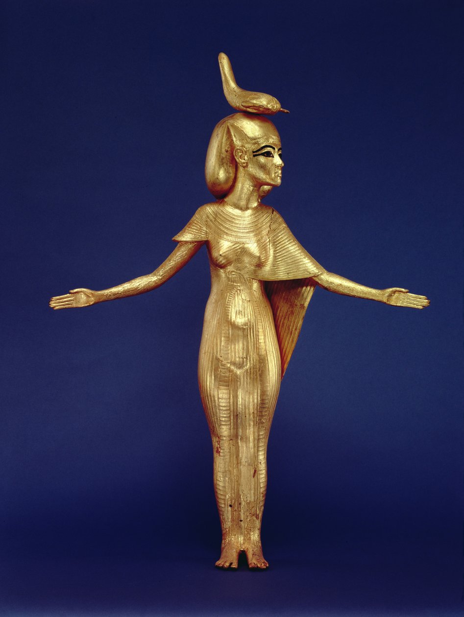 Detalj av gudinnan Selket från helgedomen i överdäckningen, från Tutankhamons grav (ca 1370-1352 f.Kr.) Nya kungariket (förgyllt trä) (se även 228567) av Egyptian 18th Dynasty