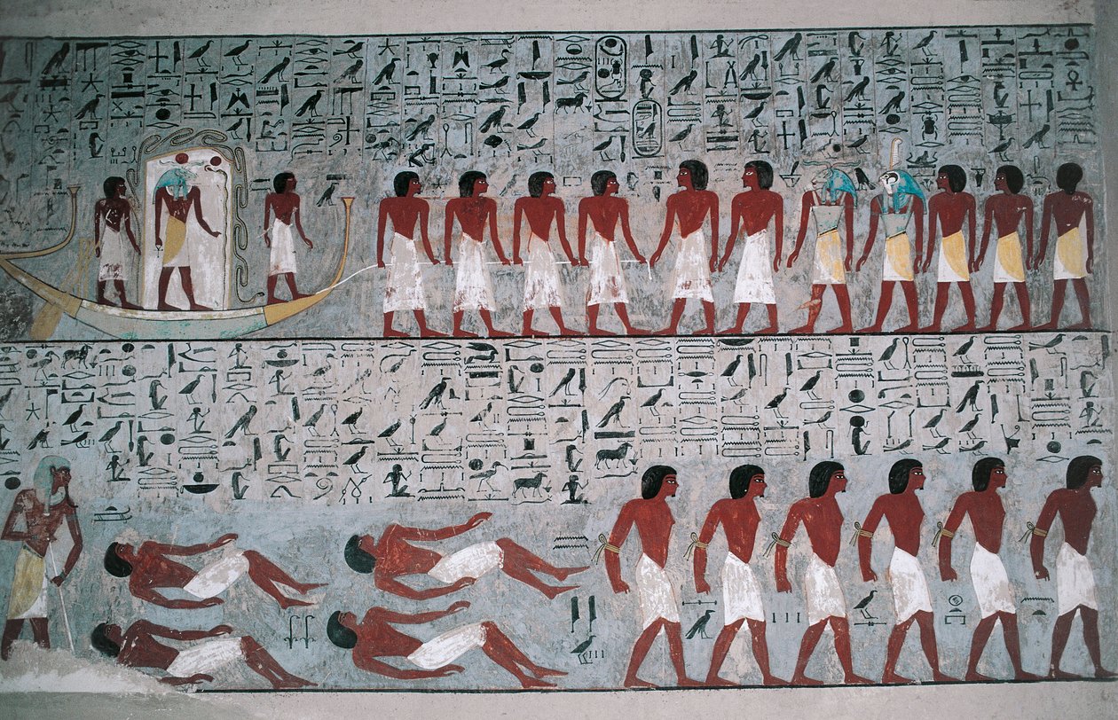 Egypten, Luxor, Konungarnas dal, Horemhebs grav, väggmålning av Egyptian 18th Dynasty