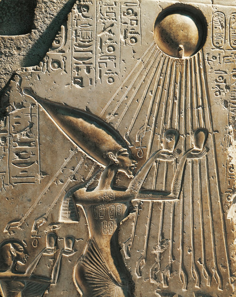 Egypten, Tell el-Amarna, basrelief föreställande Amenhotep IV (Farao Akhenaten, cirka 1360-1342) medan han dyrkade solskivan, artonde dynastin, Nya kungariket (kalksten) av Egyptian 18th Dynasty