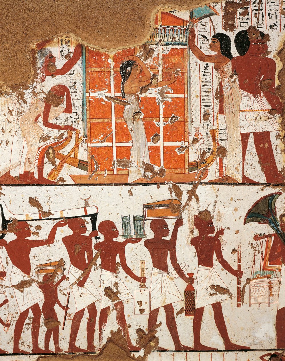 Egypten, Thebe, ädlarnas dal i El-Khokha Necropolis, Nebamons och Ipoukys grav, Detalj av fresker som föreställer begravningscortege och änka genom katafalk av avlidna av Egyptian 18th Dynasty