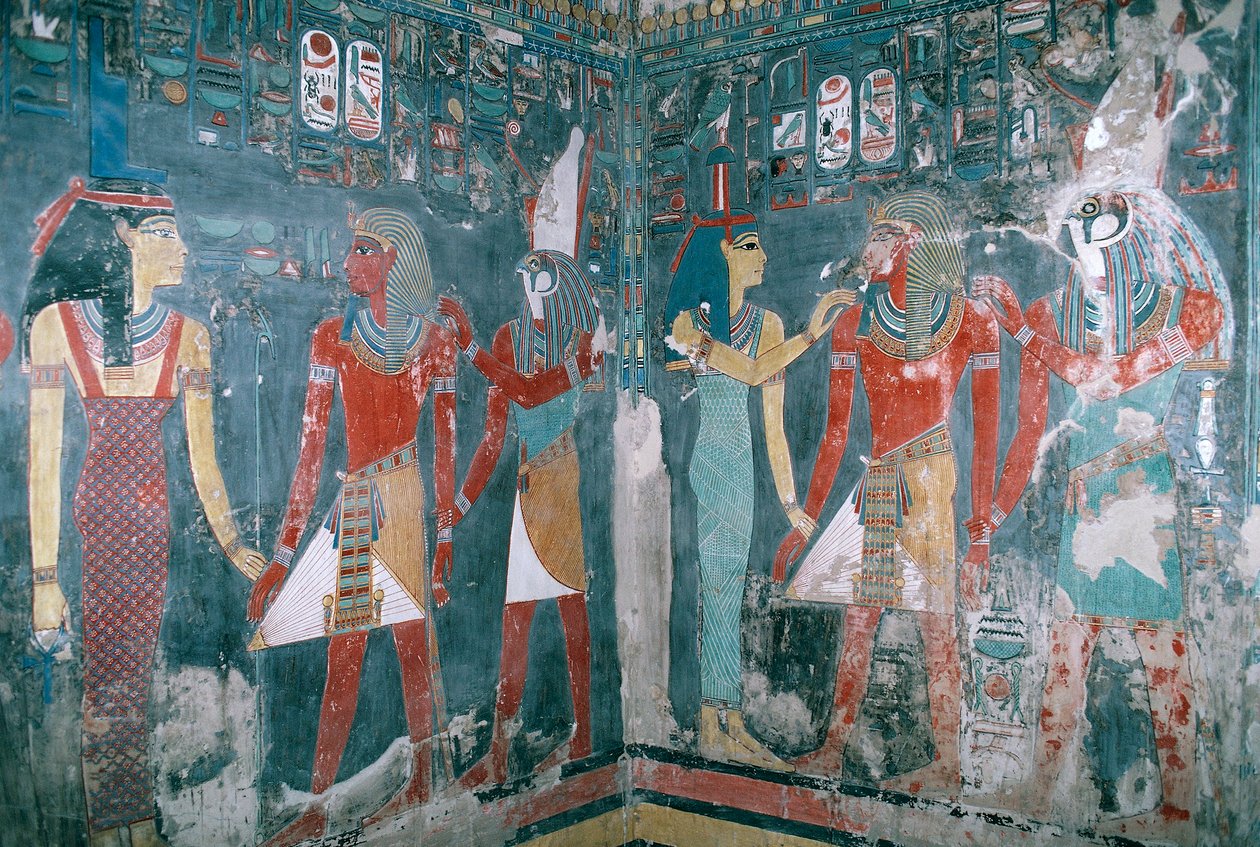 Egypten, Thebe, Luxor, Konungarnas dal, Horemhebs grav, Muralmålning föreställande Horemheb mellan gudinnan Isis och guden Horus, Nya riket, XVIII:e dynastin av Egyptian 18th Dynasty