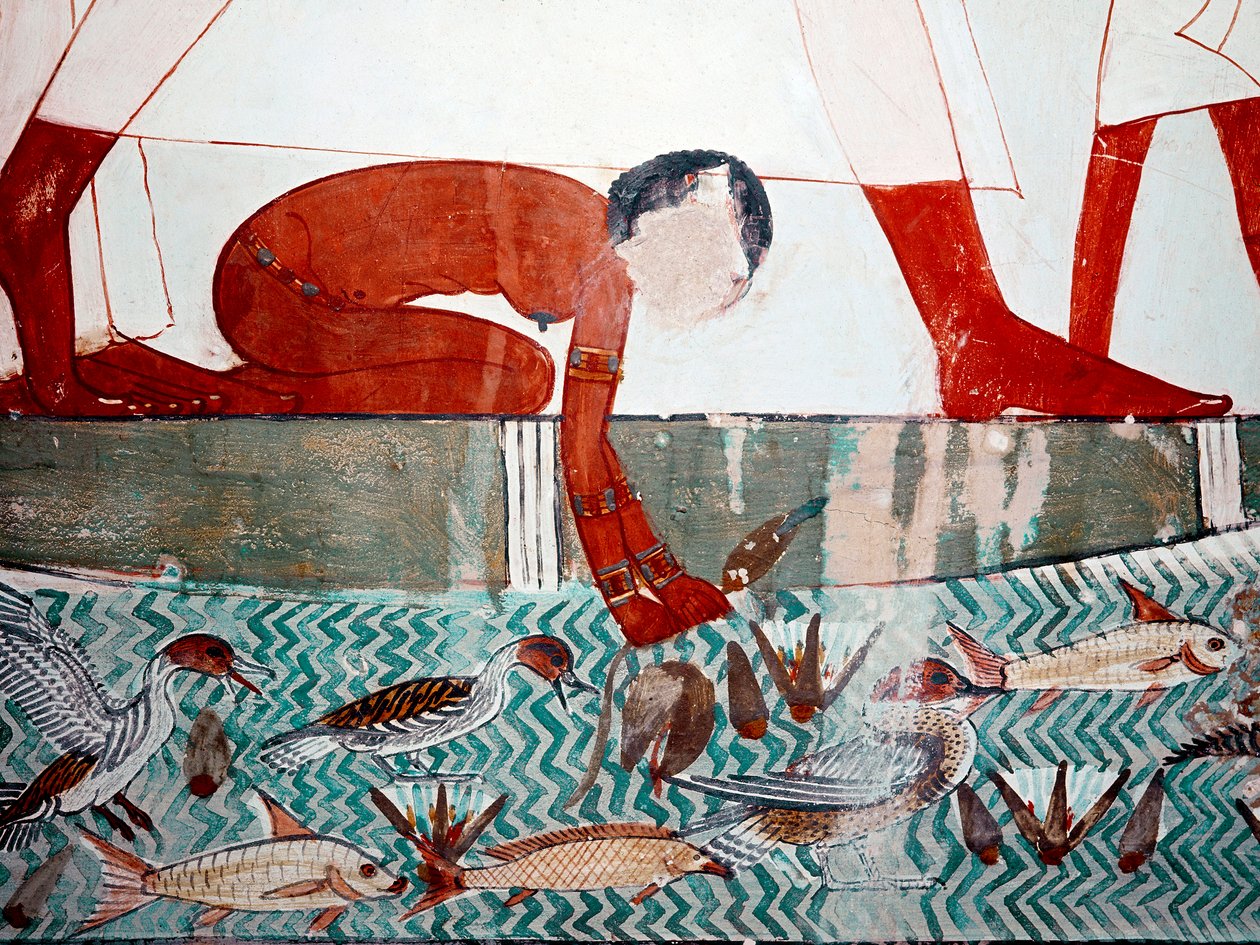 Egyptisk konst: Mennas grav. Fiskscen, detalj. En naken piga plockar en lotusblomma (18:e dynastin) Fresk av Luxor (Tebeplatsen, Sheikh Abdul-Gurnah (Gurnah), Nilens vänstra strand, Egypten. av Egyptian 18th Dynasty