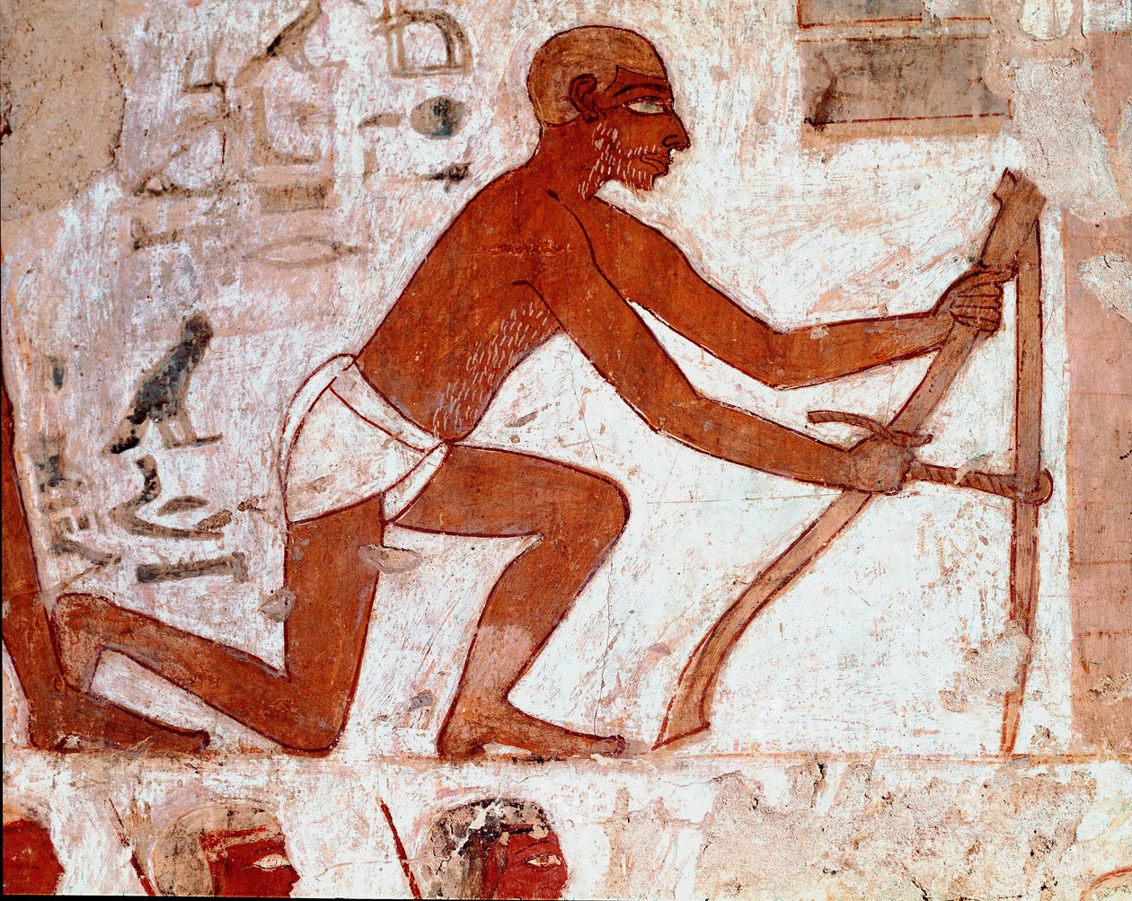 Egyptisk konst: Rekhmires grav. Ploucherarbete med sitt jordbruksredskap. Fresk av Luxor (Tebeplatsen, Sheikh Abd al-Gournahs nekropolis (Gournah), Nilens vänstra strand, Egypten. - Forntida Egypten: Rekhmires grav. En plogmans verk med sin agri av Egyptian 18th Dynasty