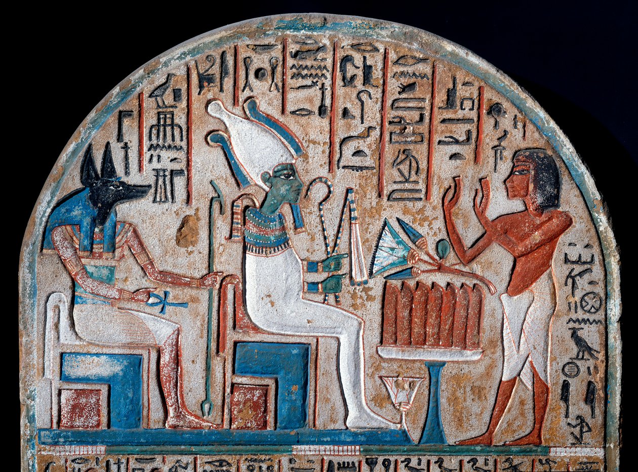 Egyptisk antikvitet: Nanai stele representanten som dyrkar Osiris och Anubis, de dödas gud som innehar livets nyckel i form av ett Ansee-kors (Ankh). Målad kalksten. Slutet av den 18:e dynastin. 1300-talet f.Kr. Turin, egyptisk museum - Egypti av Egyptian 18th Dynasty
