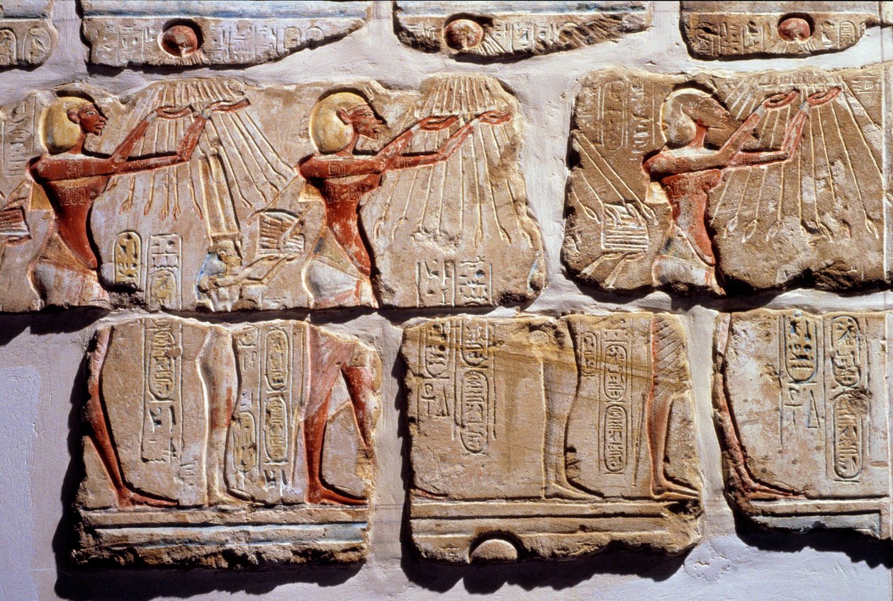 Egyptisk antikvitet: "" Solens tillbedjan"" Fragment av väggen i gres från Amenophis IV till Luxor. 1365-1360 f.Kr. 18:e dynastin av Egyptian 18th Dynasty