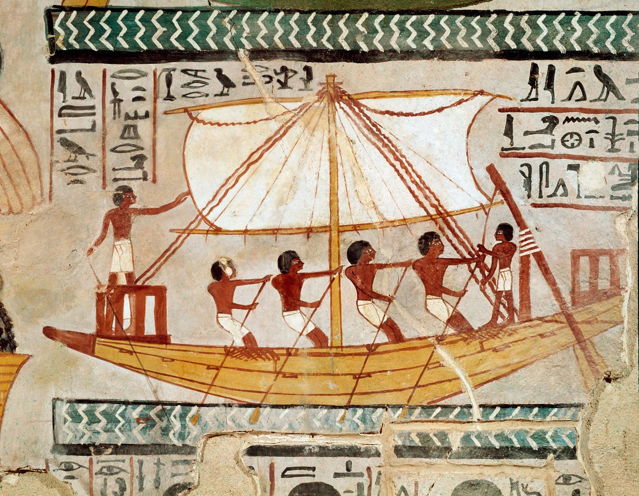 Egyptisk antikvitet: "" en båt på floden som återvänder från pilgrimsfärd till Osiris grav, Abydos"" 18:e dynastin. Fresk från Sennefers grav (TT 96) från adelsmännens gravområde i Gournah. Sheikh Abd el-Gournah (el Gournah), Luxor Egypten - Ancie av Egyptian 18th Dynasty