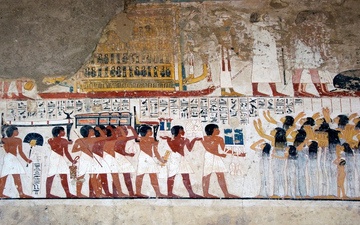 Egyptisk antikvitet: "" bärare av offer och gråt""" Fresk av visir Ramoses grav (18:e dynastin). Luxor, Västbanken, Adelsdalen Egypten - Forntida Egypten: erbjuder bärare och sörjande. Fresk från Vizier Ramoses grav (18:e D av Egyptian 18th Dynasty