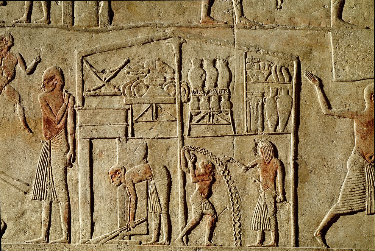 Egyptisk antikvitet: "" livsmedel lagras i lager""" Relief som dekorerar en grav av en hög tjänsteman från den 18:e dynastin. Bologna Civico Museo Archeologico av Egyptian 18th Dynasty