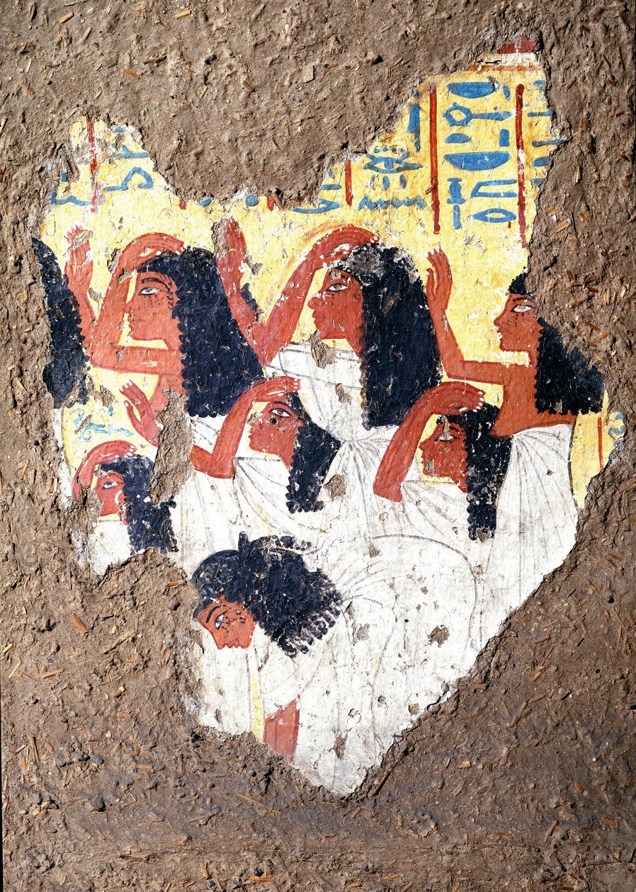 Egyptisk antikvitet: fresk av graven av målaren Maia, en grupp gråtande. 18:e dynasti. Från kapellet i Maia, Deir el-Medineh (el Medineh), New Empire Dim. 67 cm Turin, Egyptiska museet av Egyptian 18th Dynasty
