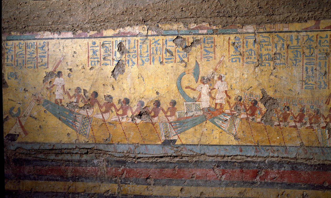 Egyptisk antikvitet: fresk av målaren Maias grav, pilgrimsfärd med båt i Abydos, citat av Osiris. 18:e dynasti. Från kapellet i Maia, Deir el-Medineh (el Medineh), New Empire Dim. 67 cm Turin, Egyptiska museet av Egyptian 18th Dynasty