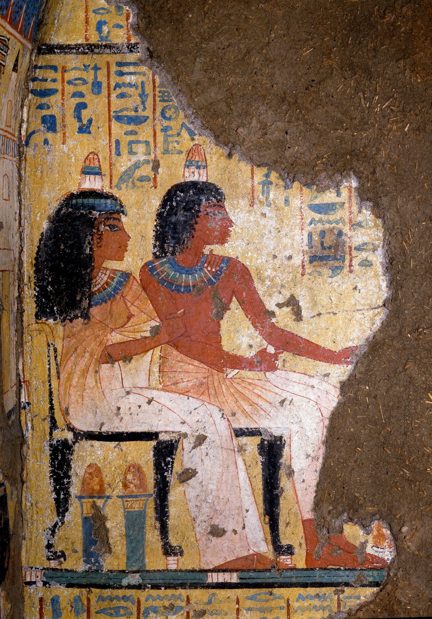 Egyptisk antikvitet: fresk av målaren Maias grav, den avlidne och hans fru som sitter vid en bankett. 18:e dynasti. Från kapellet i Maia, Deir el-Medineh (el Medineh), New Empire Dim. 67 cm Turin, Egyptiska museet av Egyptian 18th Dynasty