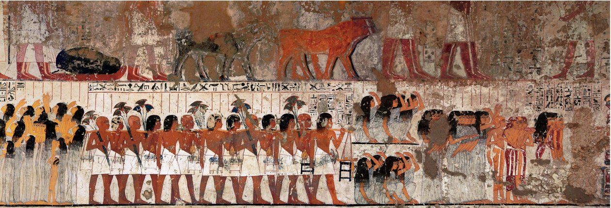 Egyptisk antikvitet: begravningsscen med gråt. Ramoses grav (1411-1375 f.Kr.), guvernör i Thebe och vizir, början av Amenophis IV:s rege. Necropolis of Gournah (Sheikh Abd el-Gournah), Egypten - Forntida Egypten: sörjande vid en begravningståg. Tom av Egyptian 18th Dynasty