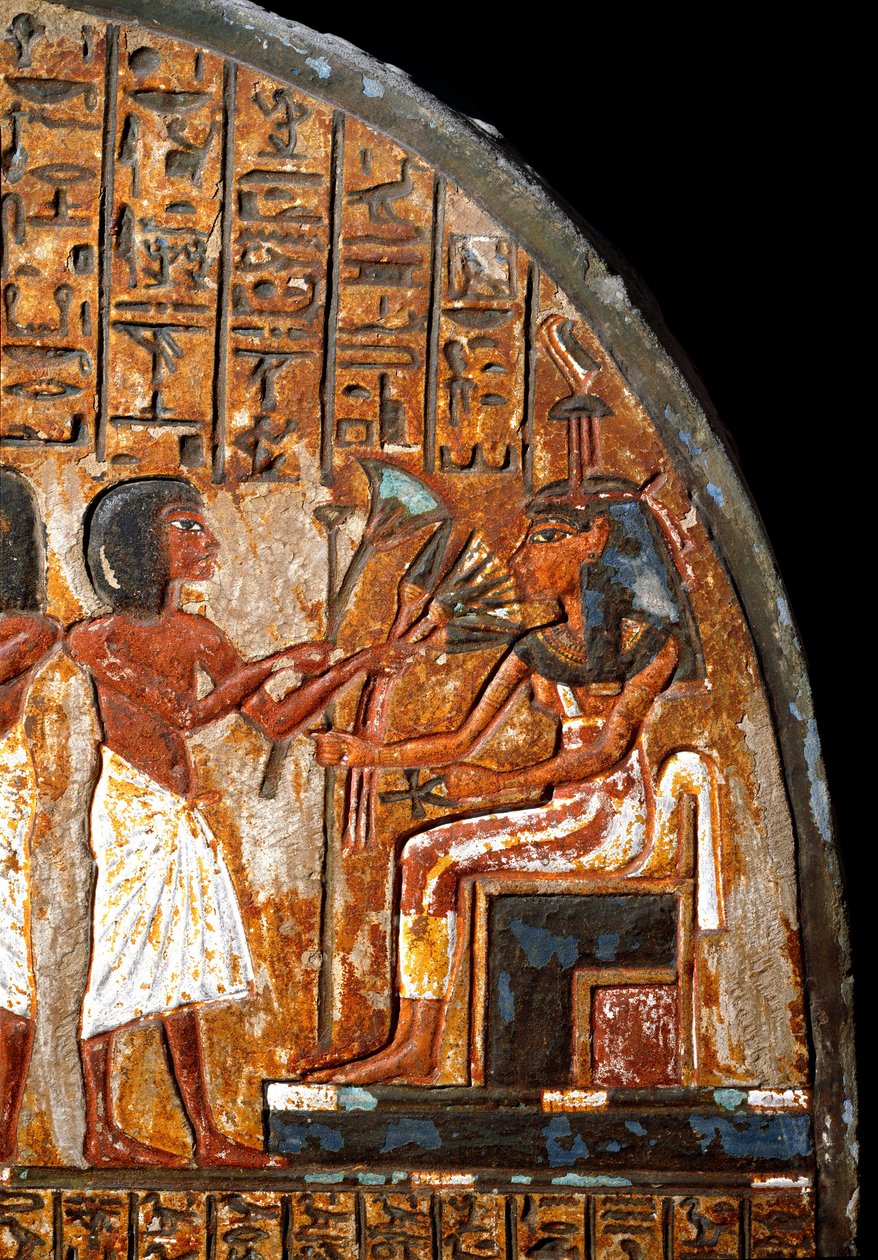 Egyptisk antikvitet: Minhoteps begravningsstele: detalj som representerar ett erbjudande av blommor till gudinnan Hathor som har livets nyckel i form av ett Ansee-kors (Ankh). 18:e dynasti. 1300-talet f.Kr. turin, egyptiskt museum av Egyptian 18th Dynasty