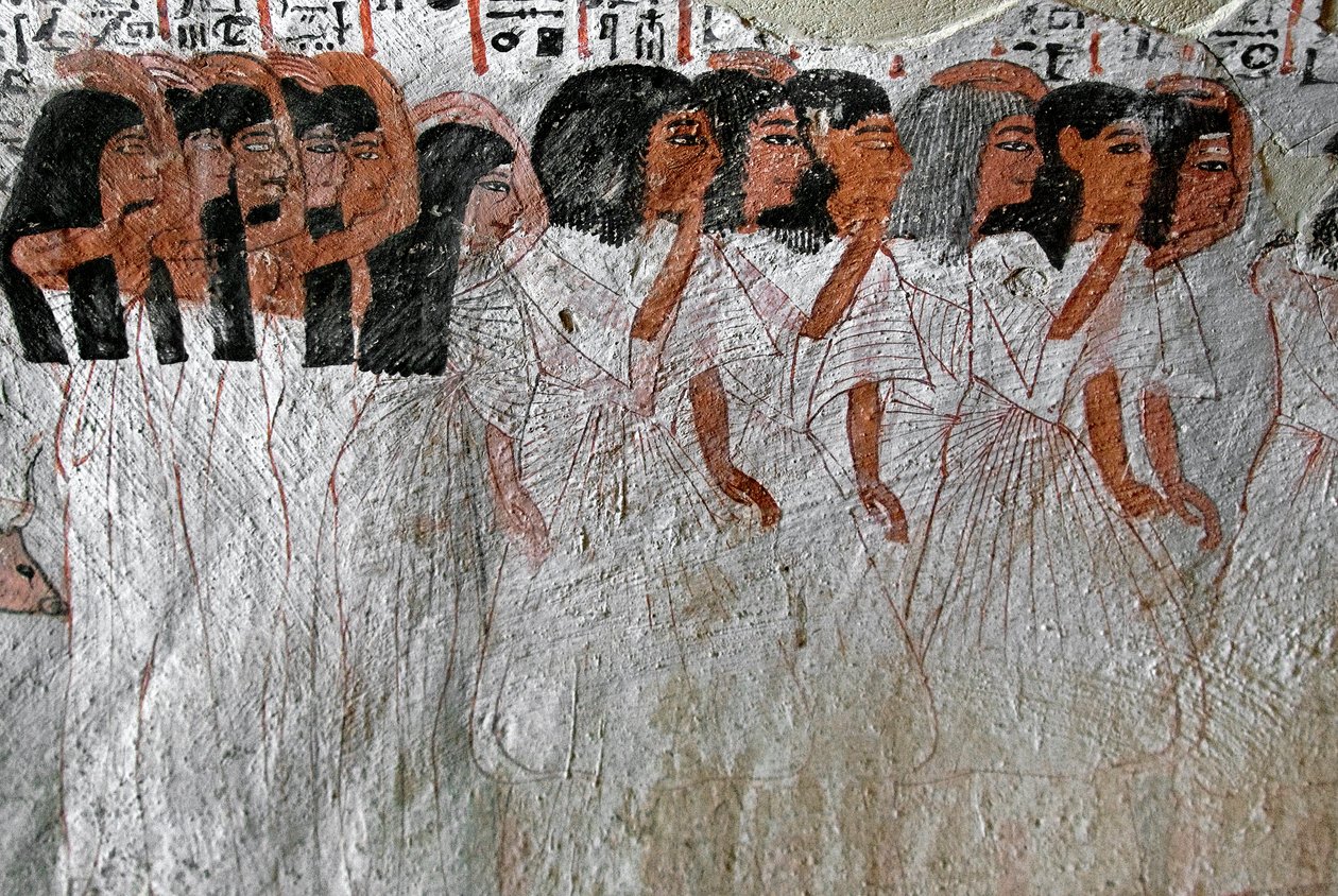 Egyptisk antikvitet: procession av gråt. Målning av Roys grav (TT255). 18:e dynasti. Från västbanken av Luxor, Egypten av Egyptian 18th Dynasty