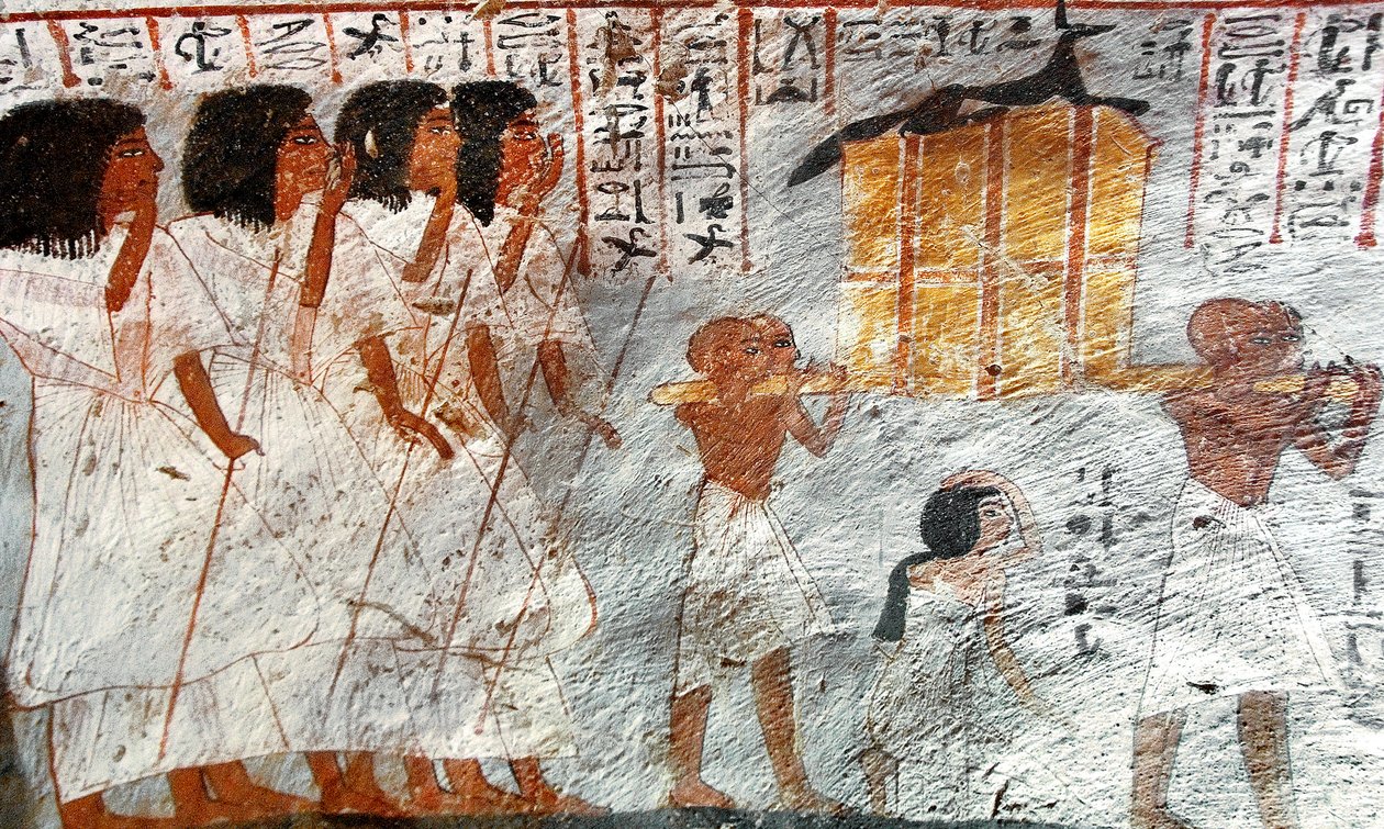 Egyptisk antikvitet: procession med bärare av baldakinkärl som används för att samla in den avlidnes inälvor. Målning av Roys grav av Egyptian 18th Dynasty
