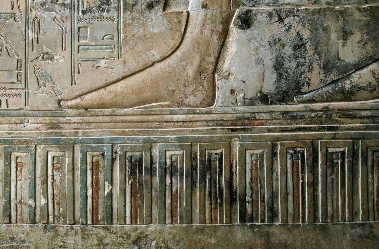 Egyptisk antikvitet: relief som representerar foten av skrivaren som lämnar graven och palatsfrisen från graven av Kha em Het (Khaemhat) vindsinspektör och skrivare vid Amenophis III:s hov (TT57). 18:e dynasti. 1530-1290 f.Kr. Vallee des Nobles. L av Egyptian 18th Dynasty