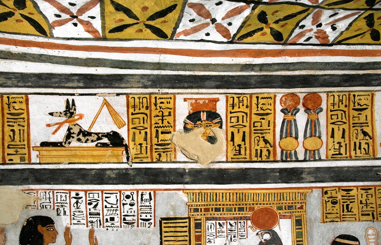 Egyptisk antikvitet: representation av Anubis, Hathor och hieroglyfer. Målning av Roys grav av Egyptian 18th Dynasty