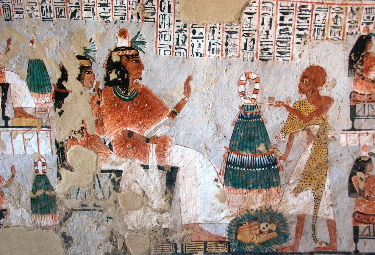 Egyptisk antikvitet: representation av Roy och hans fru Nebtawy inför en överstepräst. Målning av Roys grav (TT255). 18:e dynasti. Från västbanken av Luxor, Egypten av Egyptian 18th Dynasty