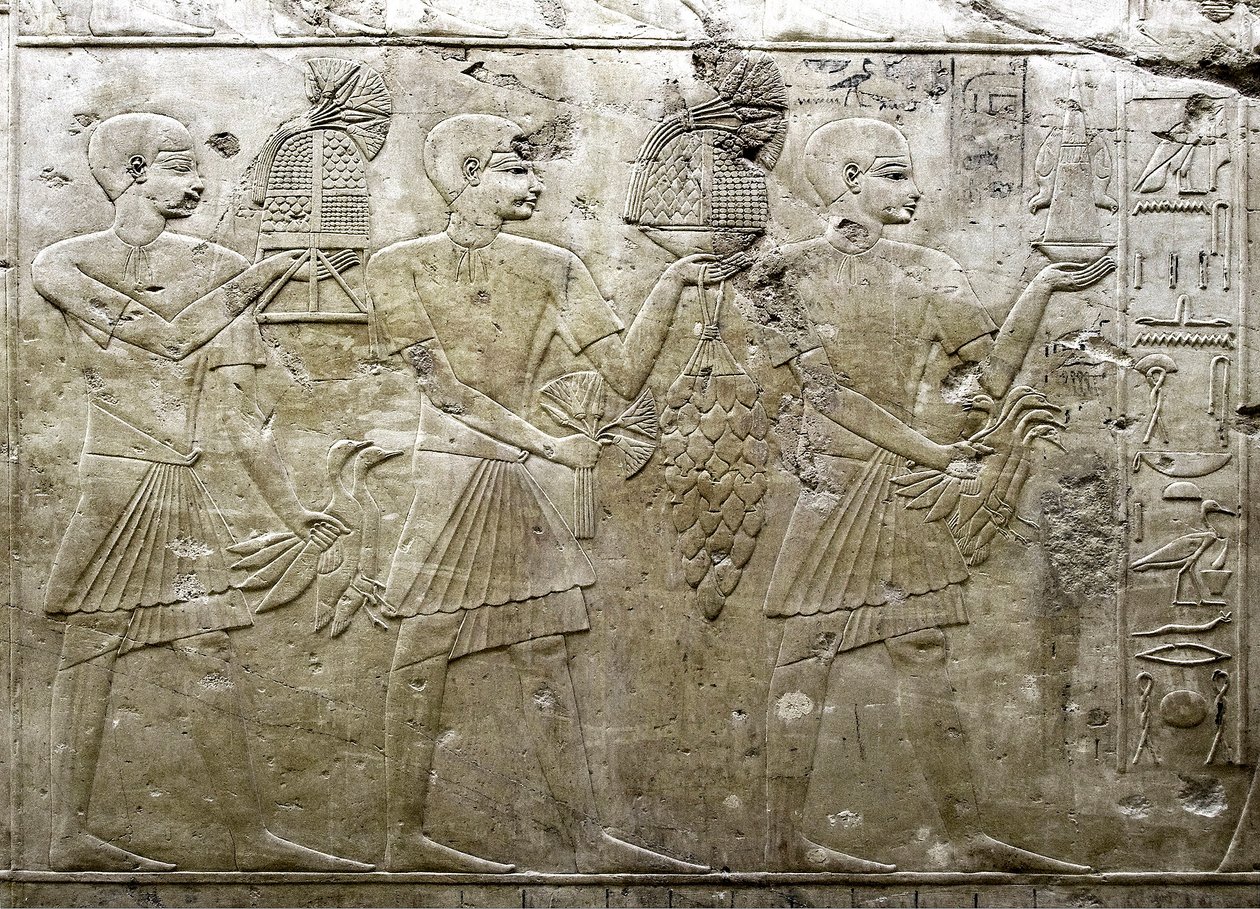 Egyptisk antikvitet: representation av offerbärare. Låg relief av Vizir Ramoses grav (18:e dynastin). Luxor, Thebe, Adelsdalen Egypten av Egyptian 18th Dynasty