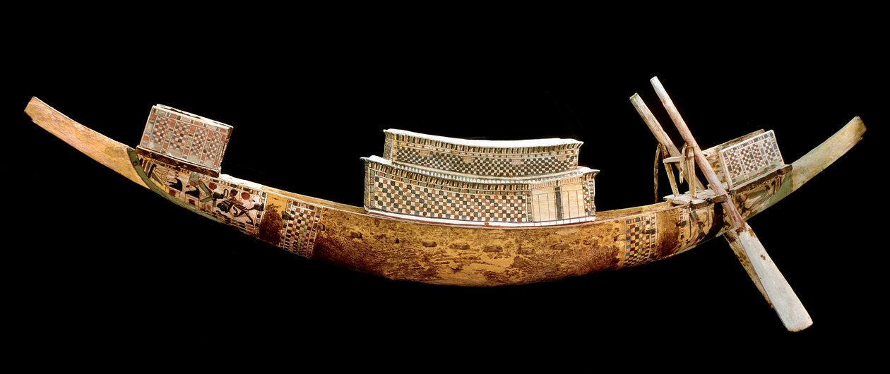Egyptisk antikvitet: kunglig båt: den representerar den avlidnes resa till den andra världen. Träsnideri från All-Ankh-Amons grav (Tutankhamun eller Tutankhamun), kungars dal, Egypten. 1375-1358 f.Kr. Egyptiska museet, Kairo, Egypten - Egyptian Antiquiti av Egyptian 18th Dynasty