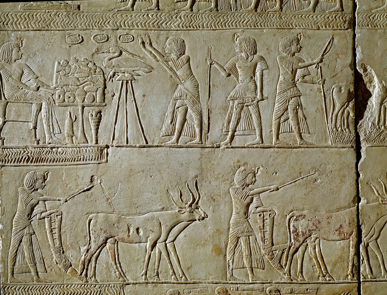 Egyptisk antikvitet: scener av arbete på fälten och offer till farao. Detalj av en relief från Horemheds (cirka 1323-1293 f.Kr.) kungliga skrivare av Tutankhamons grav. 1354-1326 f.Kr. Bologna, Civico Museo Archeologico av Egyptian 18th Dynasty