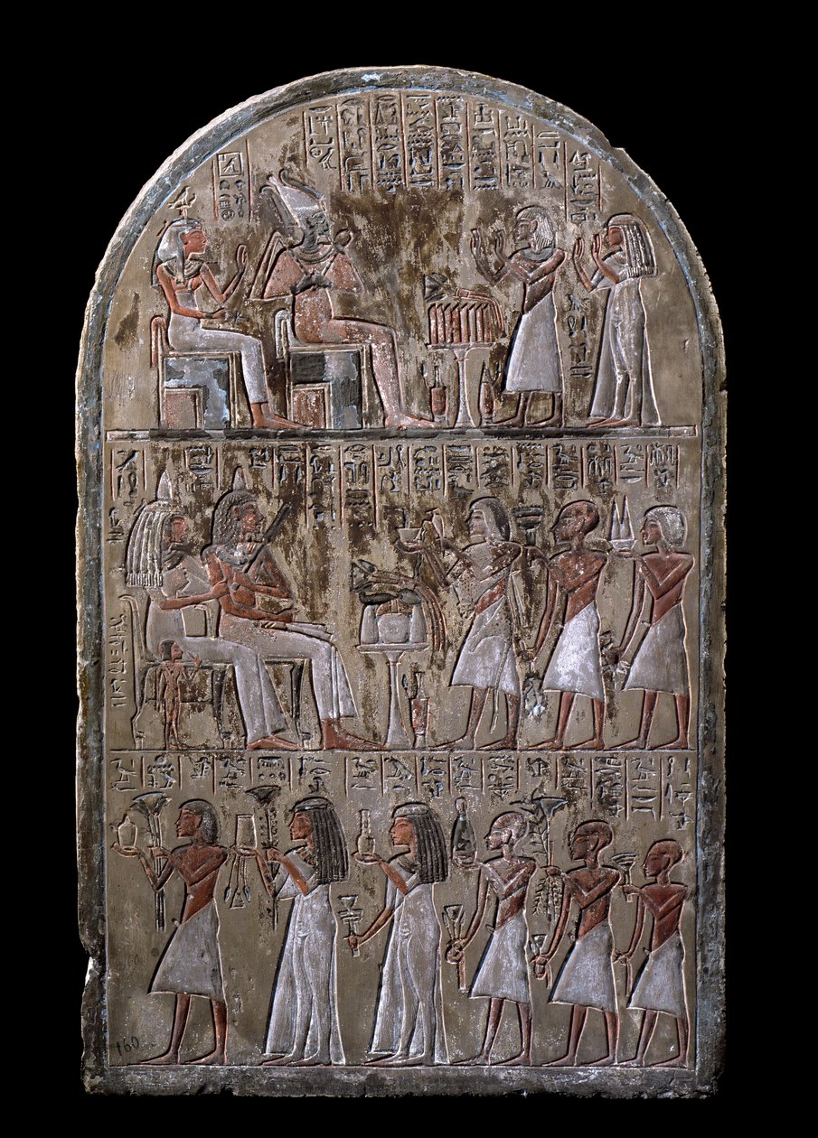 Egyptisk antikvitet: stelen av paret Maia, det nedlagda erbjudandet ger gudarna. 18:e dynasti. Från kapellet i Maia, Deir el-Medineh (el Medineh), New Empire Dim. 67 cm Turin, Egyptiska museet av Egyptian 18th Dynasty