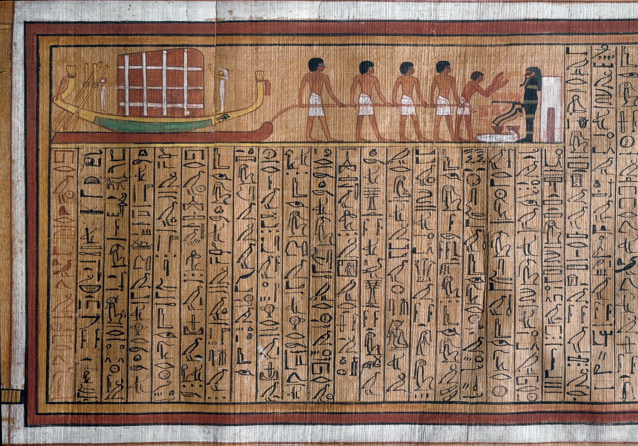 Egyptisk antikvitet: transporten av katafalken till graven. Papyrus. Boken om de döda av Kha. 18:e dynasti av Egyptian 18th Dynasty