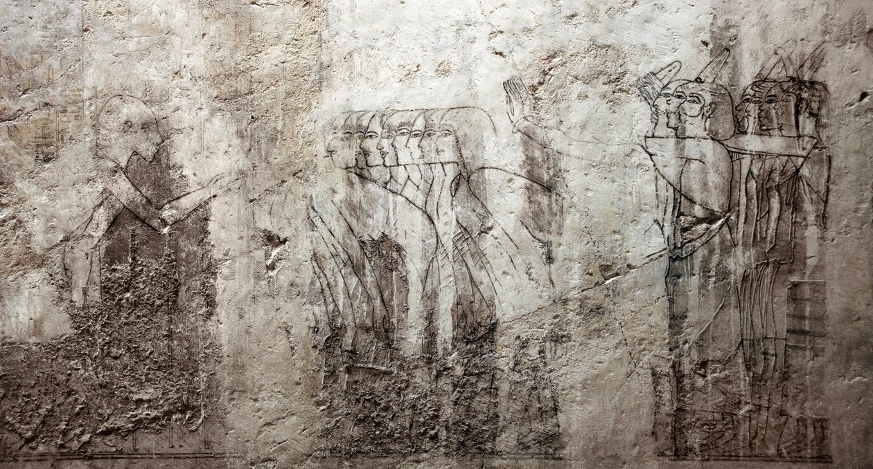Egyptisk antikvitet: oavslutade teckningar som dekorerar Vizir Ramoses grav (18:e dynastin). Luxor, Västbanken, Adelsgraven Egypten av Egyptian 18th Dynasty