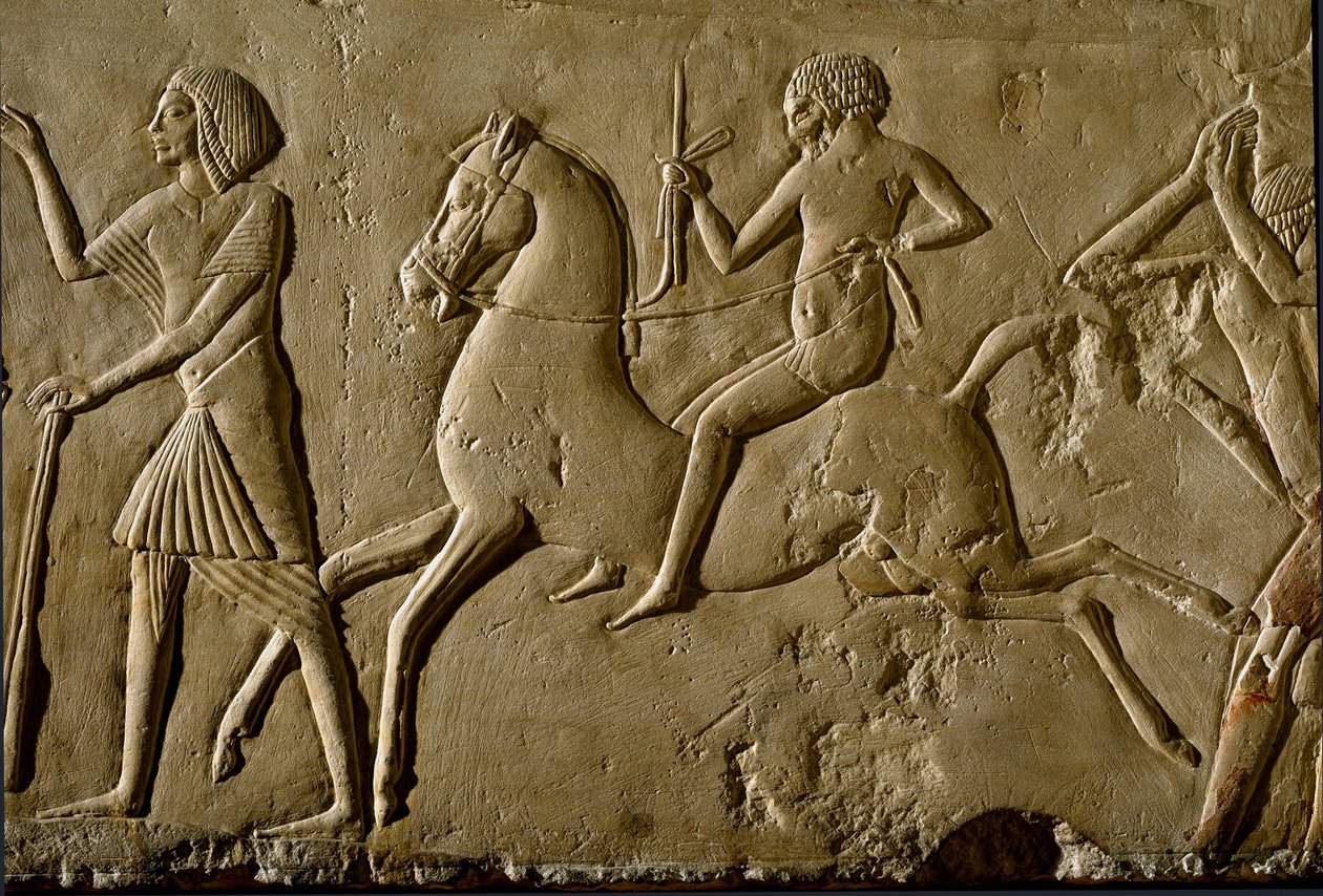 Egyptisk antikvitet: "" krigare till häst"" Relief från en hög dignitärs grav. 1354-1346 f.Kr. 18:e dynasti. Bologna, Civico Museo Archeologico av Egyptian 18th Dynasty