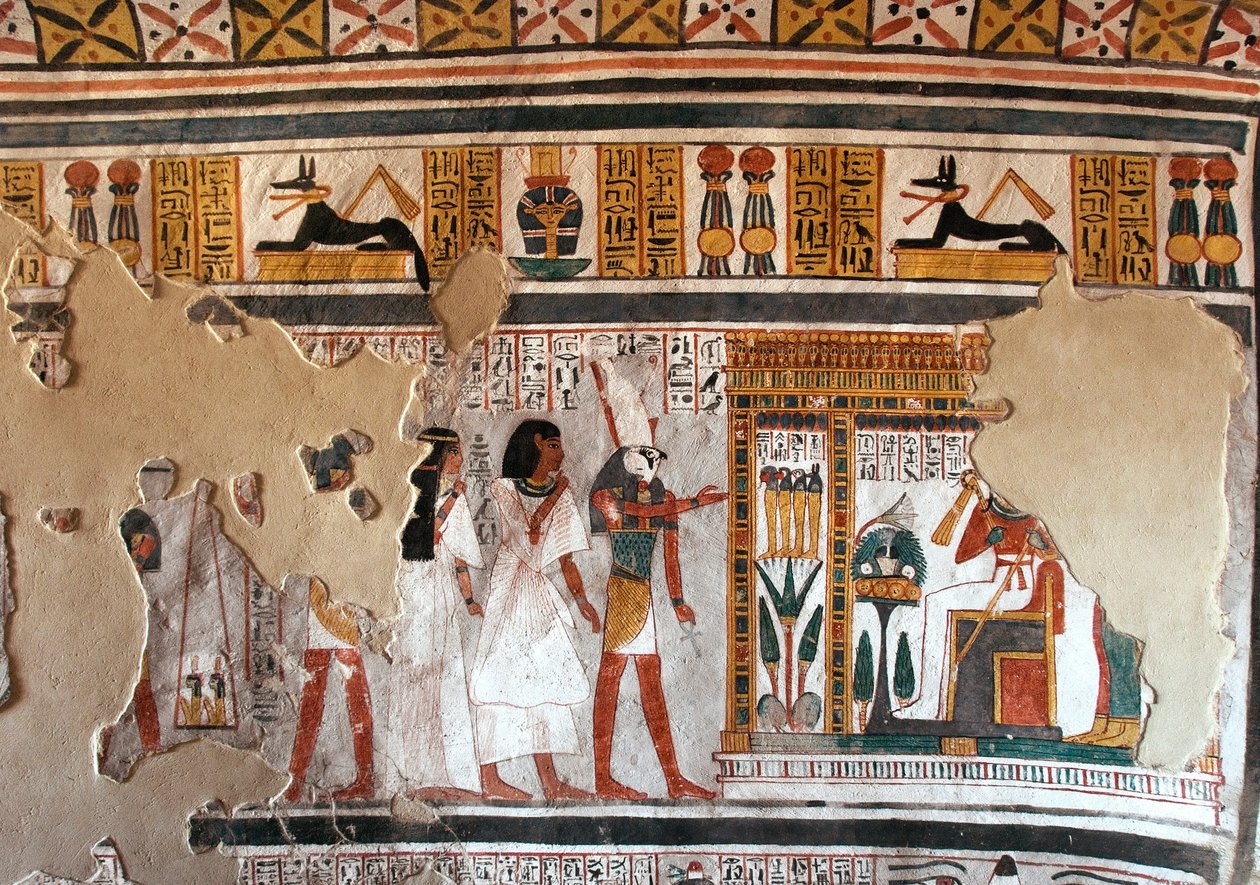 Egyptisk antikvitet: Horus guidar Roy och hans fru till Osiris. Fragment av fresk från Roys grav (TT255). 18:e dynasti. Från Västbanken i Luxor, Egypten av Egyptian 18th Dynasty