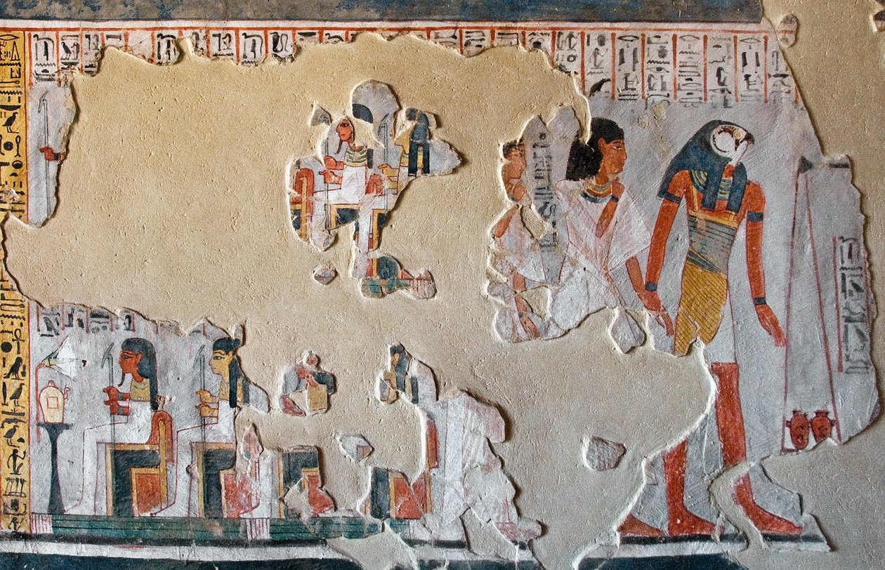 Egyptisk antikvitet: Horus guidar Roy och hans fru till hjärtans pess. Fragment av fresk från Roys grav (TT255). 18:e dynasti. Från västbanken av Luxor, Egypten av Egyptian 18th Dynasty