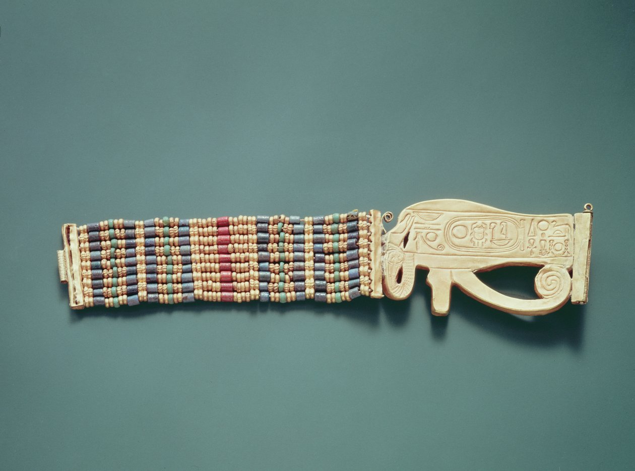 Flexibelt pärlarmband, från Tutankhamons grav, New Kingdom (guld och karneol med guld, fajans och glaspärlor) (se även 391012-13) av Egyptian 18th Dynasty