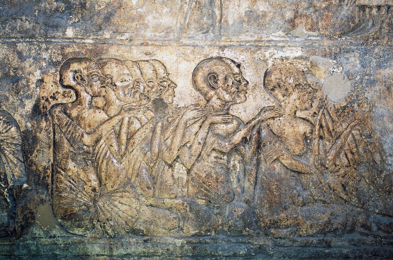 Utländska gäster överlämnar gåvor till drottning Nefertiti, basrelief från Merires grav, Tell el-Amarna nekropol, Egypten, Egyptiska civilisationen, Nya riket, XVIII:e dynastin av Egyptian 18th Dynasty
