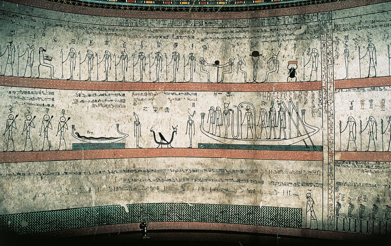 Fresker som föreställer Amduats bok, Solbåtens resa, på gravkammarens västra vägg av Egyptian 18th Dynasty